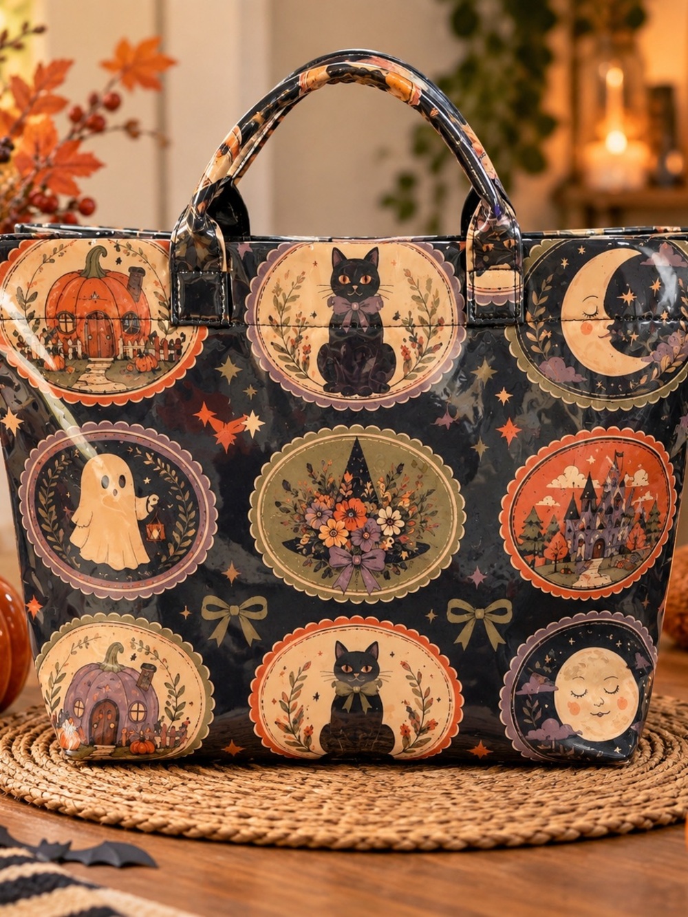 Halloween Patchwork PVC Print Tote Bag - Black/Orange Black Cat Witchy